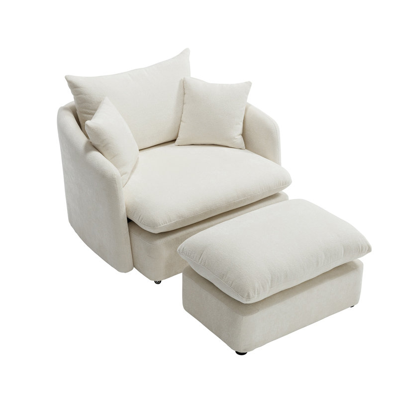 Fauteuil d'appoint surdimensionné en chenille de 46,1 po avec repose-pieds et repose-pieds beige, White