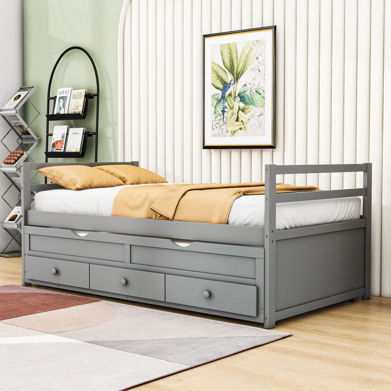 Lit plateforme simple en bois avec lit gigogne escamotable Ertil, tiroirs de rangement et tête de lit, Gris