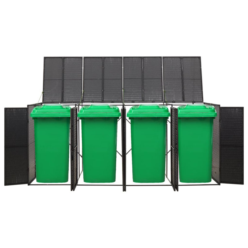 vidaXL Bin Store Trash Can Storage Quadruple Wheelie Bin Shed Poly Rattan, Black
