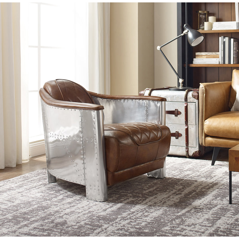 Pettengill Tufted Distressed Genuine Top-Grain Leather Accent Armchair, Cognac Distressed