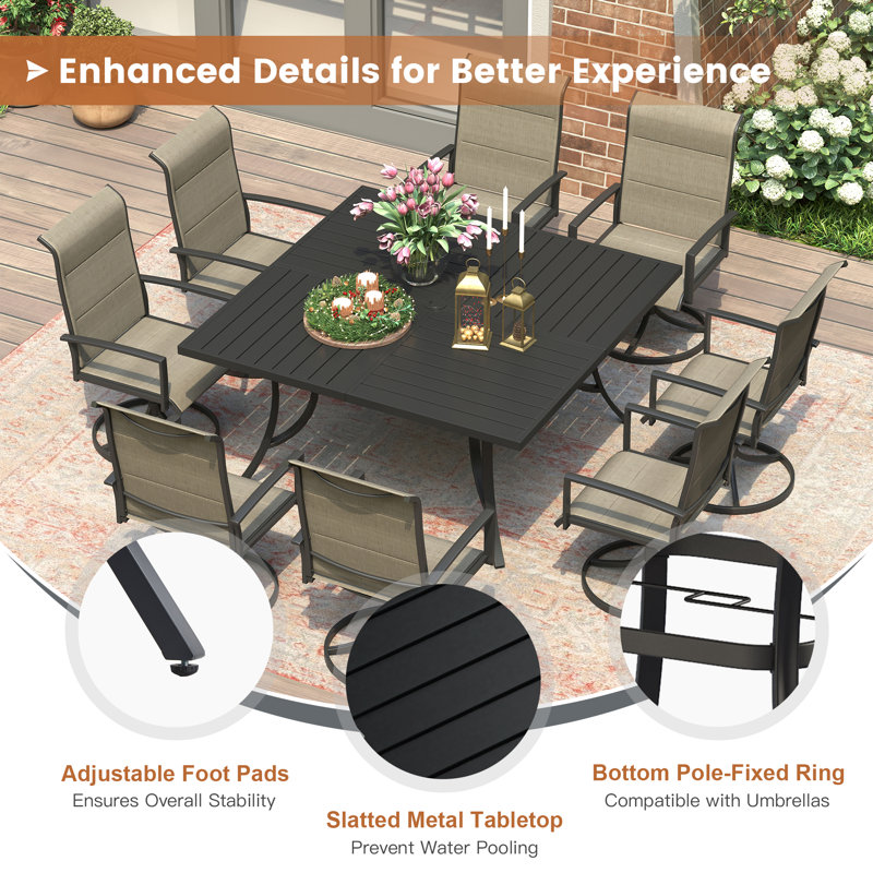 Patio Dining Set with 8 Padded Swivel Dining Chairs and 59" Square Dining Table, Black/Brown