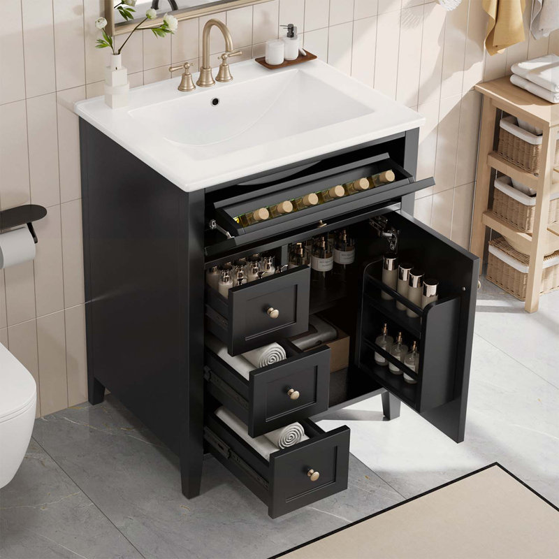 Meuble-lavabo moderne avec lavabo, 3 tiroirs, conception compacte, Black