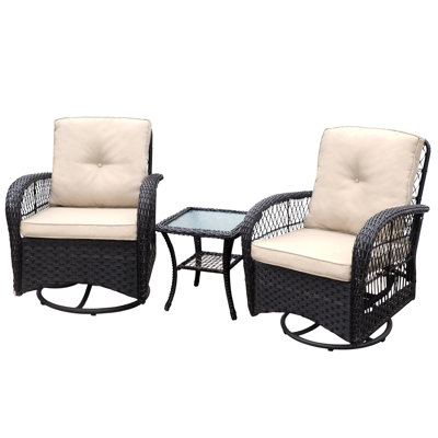 Ensemble de 3 chaises d'extérieur pivotantes à bascule kaki avec plateau en verre et plateau transparent