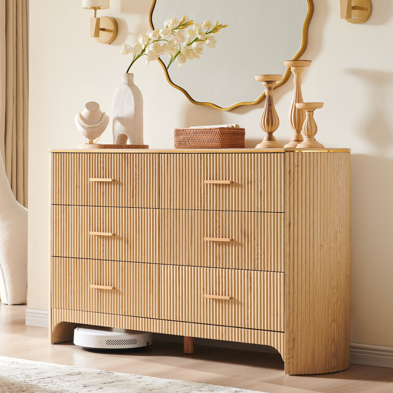 Commode moderne à 6 tiroirs pour chambre à coucher, commodes de 54 po de largeur avec commode à profil incurvé, chêne naturel