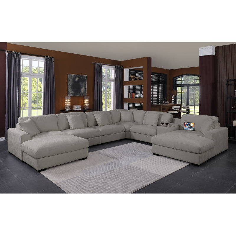 Canapé modulaire en chenille pour 8 personnes avec console et 2 repose-pieds, Chenille gris pâle