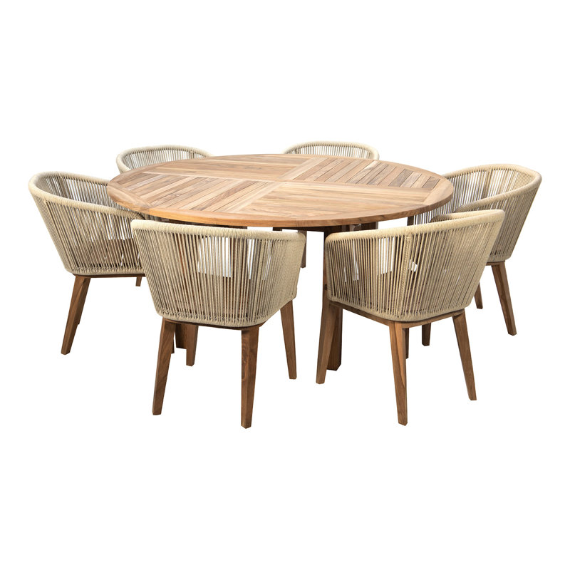 Ensemble repas d'extérieur en corde et teck 7 pièces avec table ronde 60 po Westlake, Naturel / naturel