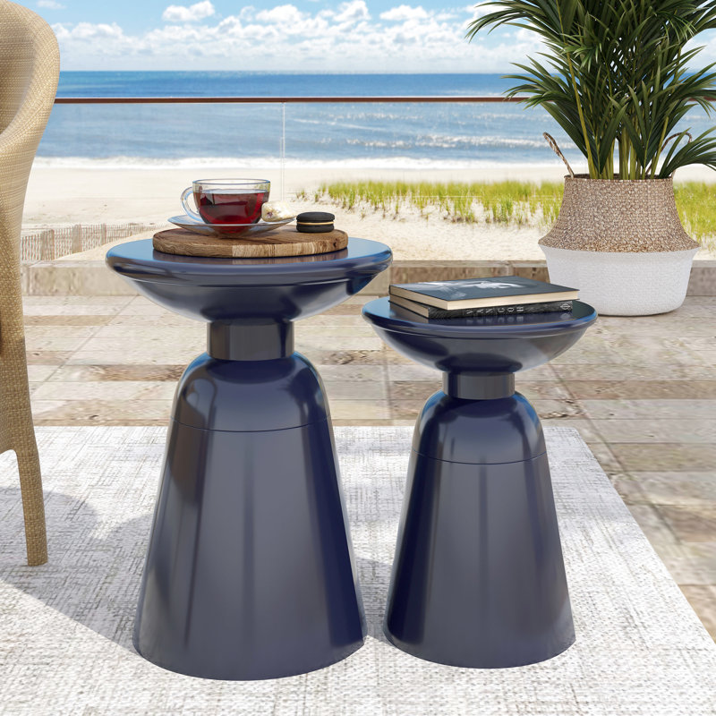 Metal S/2 End Tables In Navy Blue, Modern Design And Powder-Coated Iron Frame With Stable Pedestal Framework, 14.62"X14.62"X20.98" & 12.00"X12.00"X17.25", Assembly Required Structure,