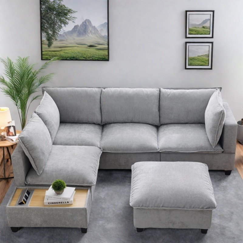 U-shaped Sectional Sofa Couch With A Movable Ottoman And A Coffee Table With Hidden Charging Devices, Grey
