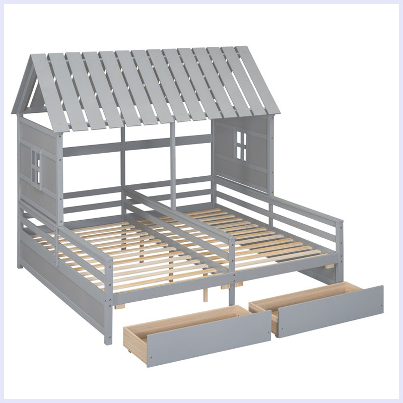 Combinaison moderne de 2 lits simples côte à côte avec deux tiroirs, Gris