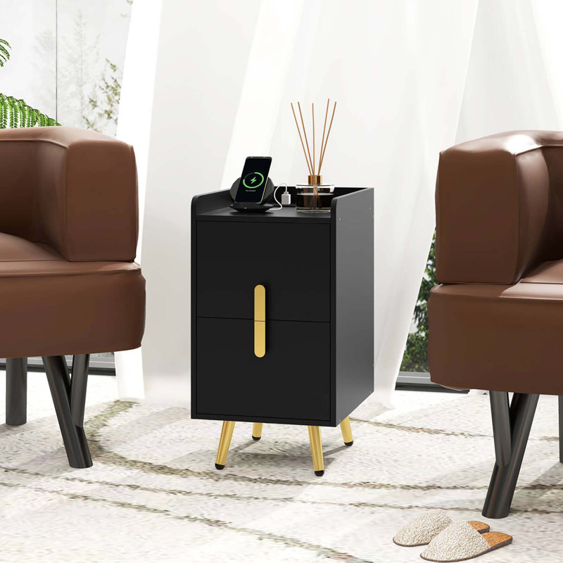 Nightstand With Charging Station Home Bedside Sofa Side Tables With 2 Drawers Cafe Black