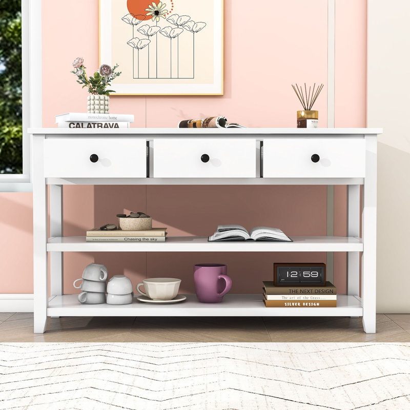 Exton Mid-Century Console Table with Storage Drawers and Open Shelves, Antique White