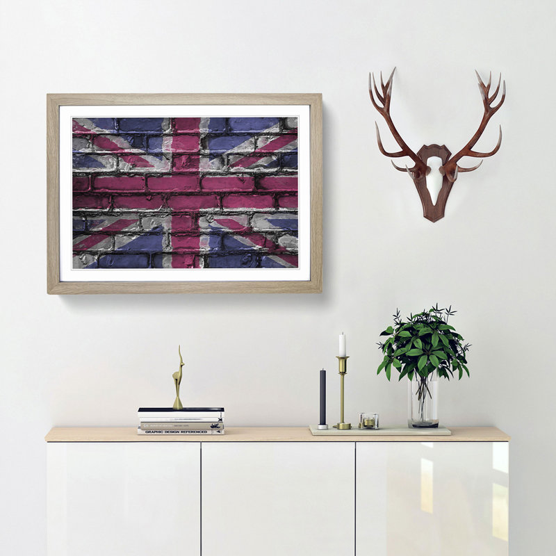 Union Jack Brick Wall Graffiti in Abstract - Picture Frame Graphic Art Print, Oak Framed, 62cm H x 87cm W x 2cm D