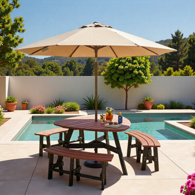 Ensemble de table de pique-nique extérieur 6 personnes avec pieds noirs, 3 bancs intégrés et trou de parasol central