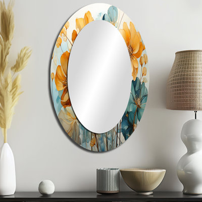 Teal Orange Botanical Fragments I - Teal Modern Oval Wall Mirror