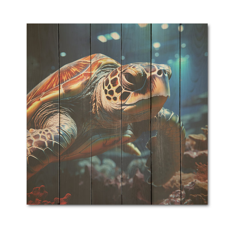 Représentation réaliste d'une tortue - art mural en bois de tortue sur bois de pin naturel, H 36 po x l 36 po