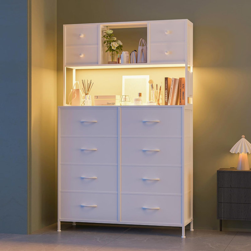 Commode 12 tiroirs avec prise de courant et tablettes ouvertes, Blanc