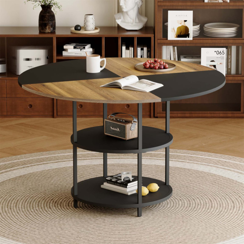 Table de salle à manger circulaire de 47,3 pouces de diamètre avec épissure et rangement double couche pour un usage familial