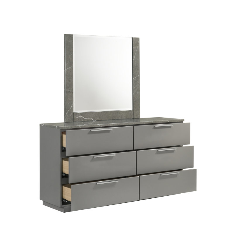 Commode Elara - Finition bicolore très brillante en marbre et laque avec tiroirs spacieux et pieds en métal - Gris