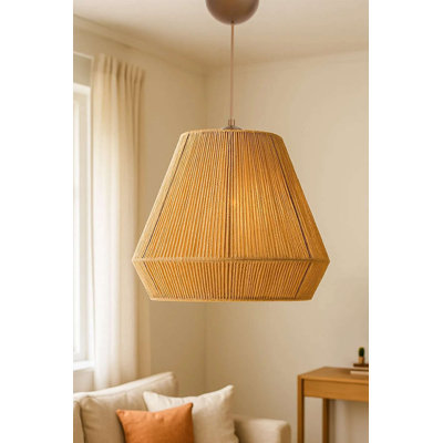 Beige Macrame Chandelier with Adjustable Height, 9 x 5 inches Base Plate, 24 - 60 inches Total Height | Plastic Body, E27 Socket (Max 40W) | Elegant Lighting for Living Room, Dining Room & Entryway Decor