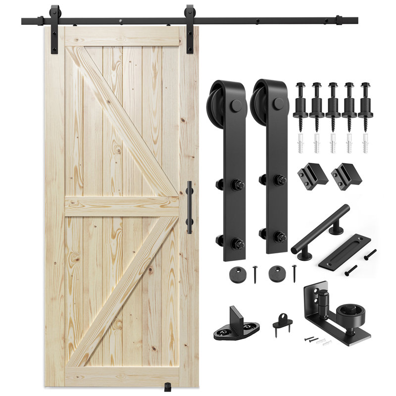 Porte de grange à panneaux en bois massif avec trousse de quincaillerie d'installation, Non fini, 48 po x 84 po