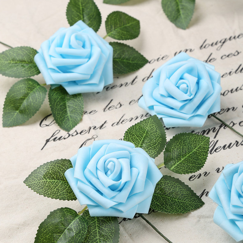 30 pièces fleurs artificielles roses en mousse avec tiges 8 cm fleurs roses, Bleu clair