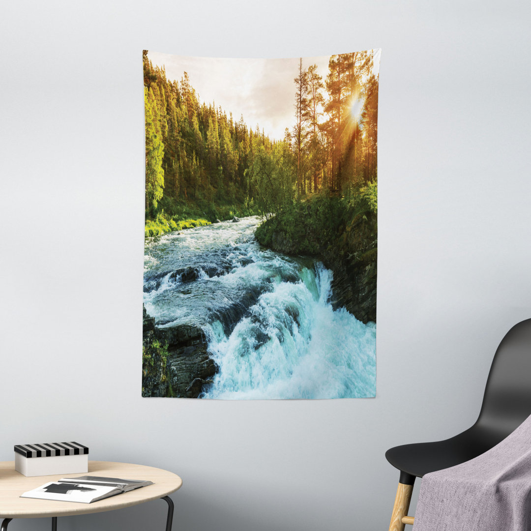 Tapisserie Fluss in Norwegen Sonnenaufgang Sonnenstrahlen durch Pinienbäume Frühling landschaftlich