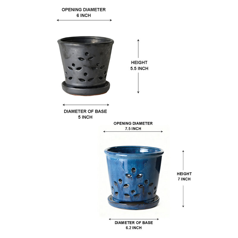  Pot à fleurs en céramique glacée LeafBreeze - Pots d'intérieur noir brillant et bleu avec trou de drainage et soucoupe assortie pour orchidées, plantes grasses et plantes d'intérieur, lot de 2