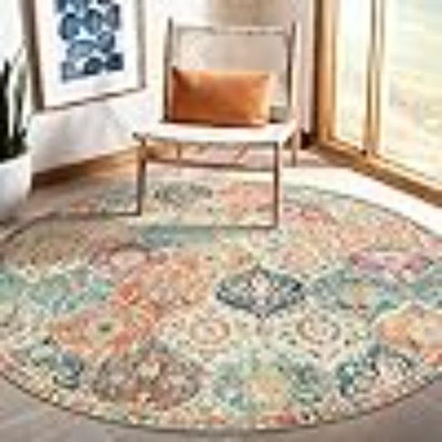 Moroccan Trellis Washable Round Area Rug, Soft Round Rugs 6Ft Ultra-Thin Non-Slip, Vintage Large Circle Carpet For Bedroom Living Room Kitchen Nursery, Cream/Multi