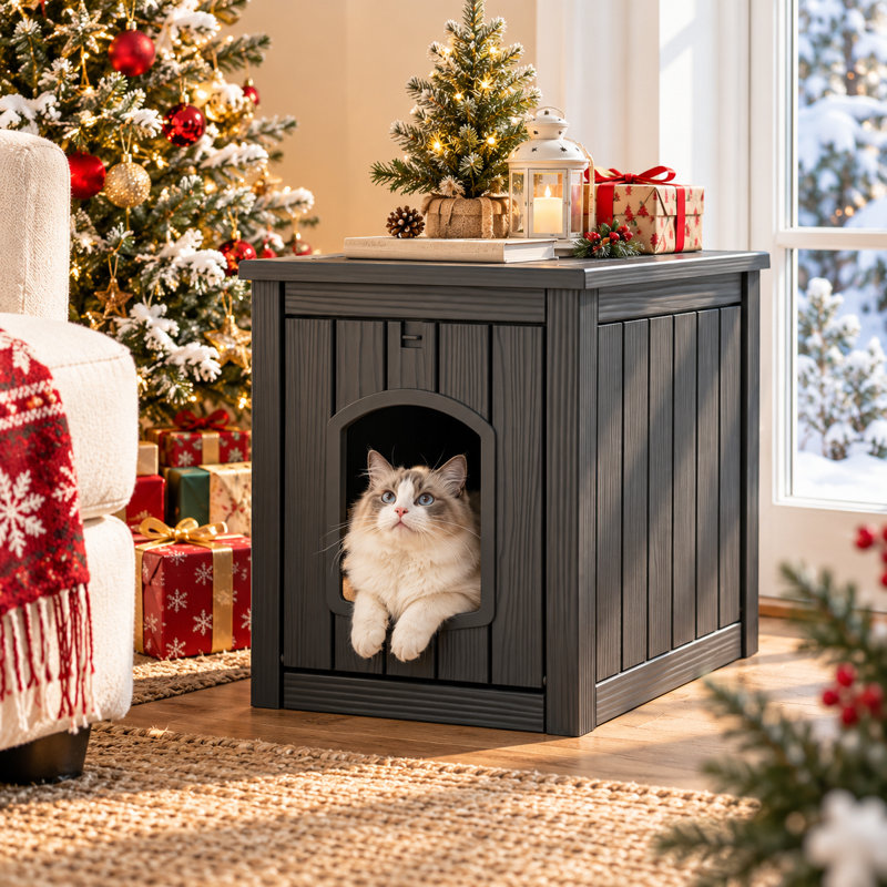 Maison pour animaux 3 en 1 en résine de 54,4 cm de hauteur : compartiment pour bac à litière dissimulé avec table d'appoint