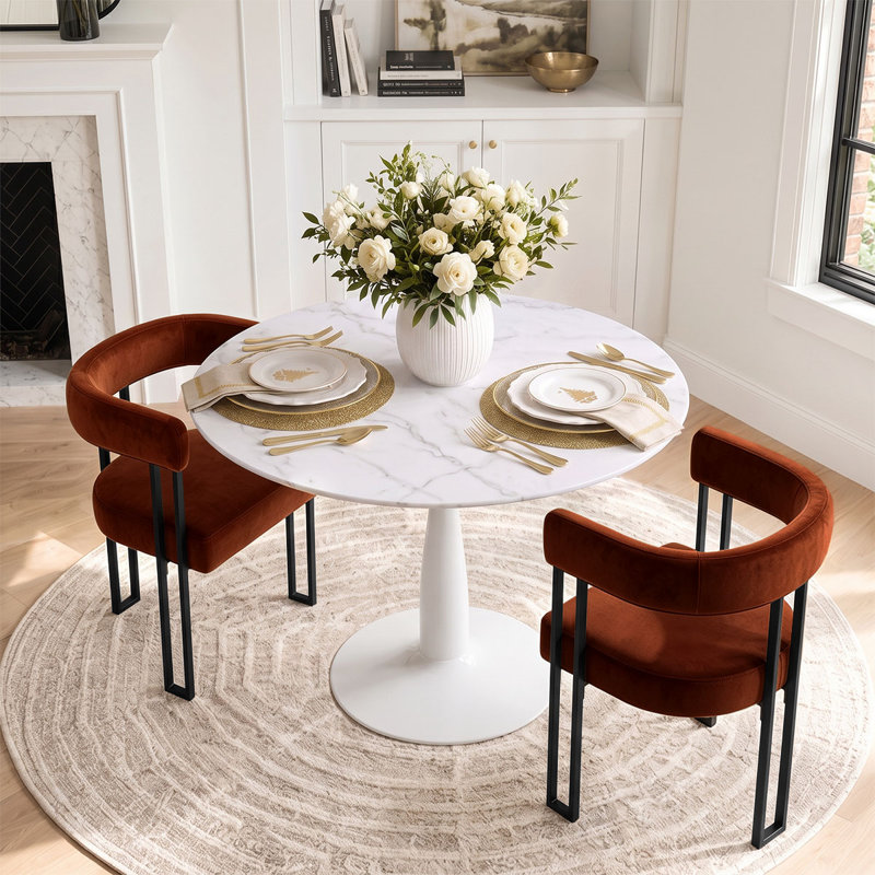 Ensemble de table de salle à manger pour 2 personnes avec table ronde et 2 fauteuils rembourrés en velours, Terra