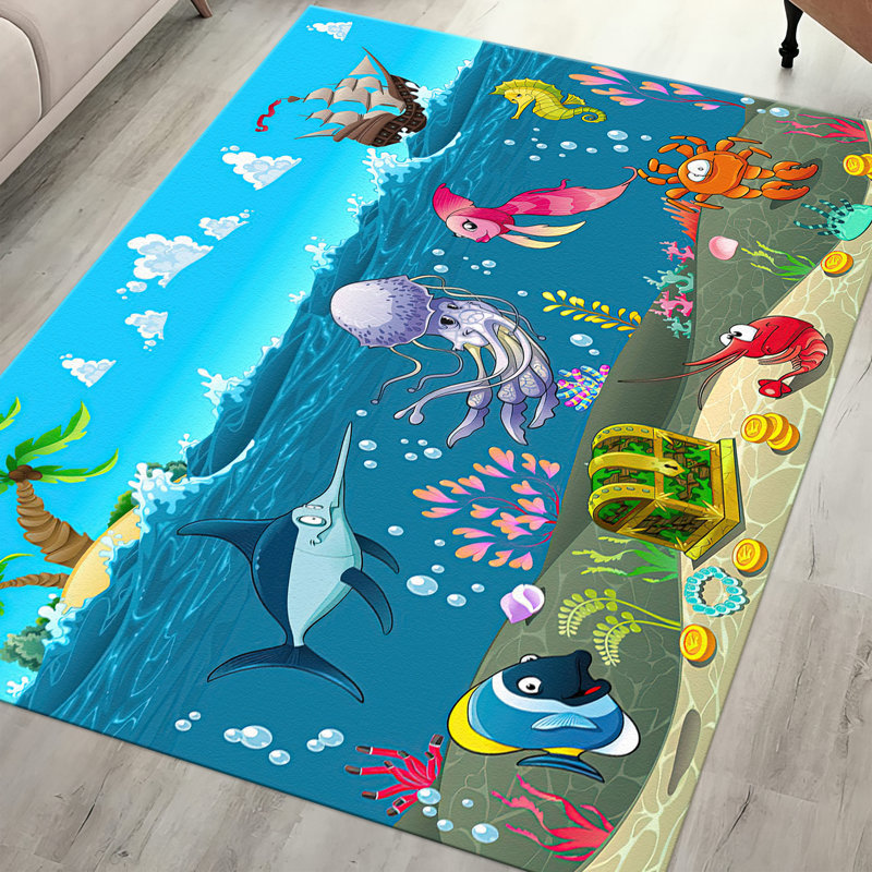 Tapis chic non tissé à motif doux avec un motif géométrique sophistiqué dans des tons harmonieux de bleu et de crème pour un décor douillet et élégant