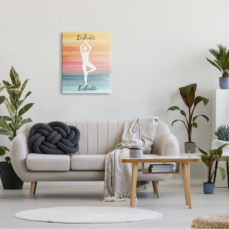 «Inhale Exhale Apaisant, pose de yoga, effet aquarelle» par Kate Eldridge - Peinture, L 24 po x H 30 po, Toile tendue