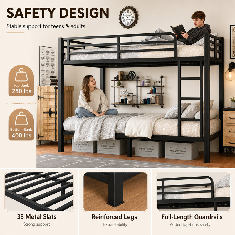 Twin Over Twin Metal Bunk Bed For Teens And Adults,space-saving/noise Reduced/no Box Spring Needed, Black, Black
