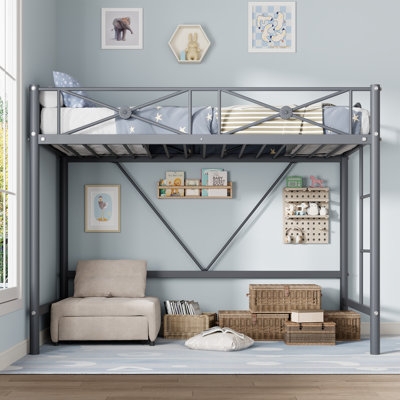 Heavy Duty Metal Twin Loft Bed Frame - 400 lbs Capacity - Space-Saving & Noise-Free - Safety Guard Rails for Kids, Teens & Adults - Gray