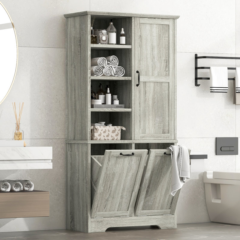 Bathroom Storage Cabinet with Doors, Drawers & Tilt-Out Hamper - Freestanding Oak Style, Gray Oak