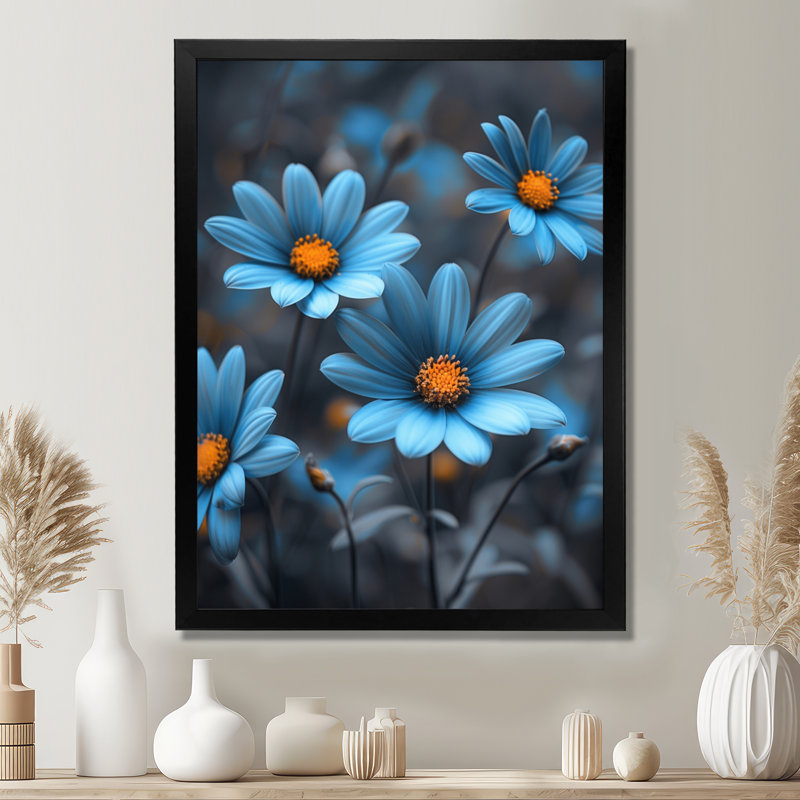 Monochromes bleu et gris marguerites brumeuses Photo II - marguerites Wall Art salon, Cadre simple noir