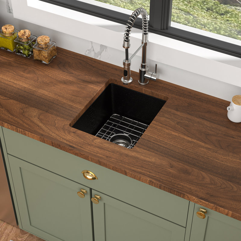 15"L x 17"W Undermount Quartz Kitchen Sink granite composite Single Bowl Kitchen Bar Sink with Roll Up Rack, 15" L x 17" W