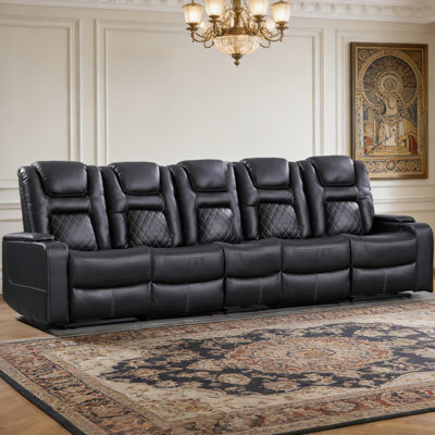 Modern 5-Seat Premium Faux Leather Power Reclining Home Theater Sofa With Cup Holders & Arm Storage