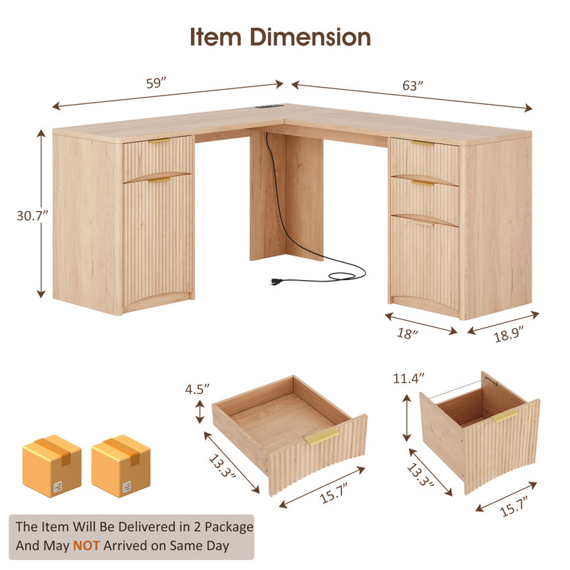 63'' Fluted L Shaped Desk with Drawers, Corner Computer Desk with Storage, Modern Executive Home Office Desk with File Cabinet and Charging Station, Natural Oak