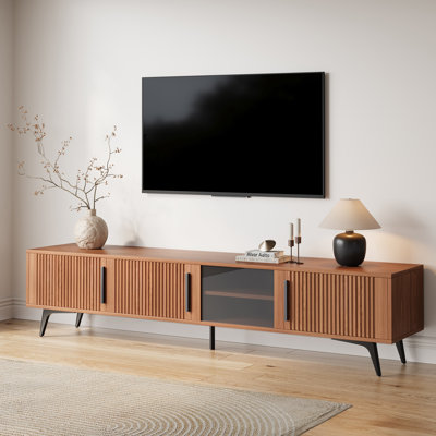 78" Mid-Century Modern TV Stand, Brown Wood Media Console for Living Room with Tempered Glass by Hokku Designs