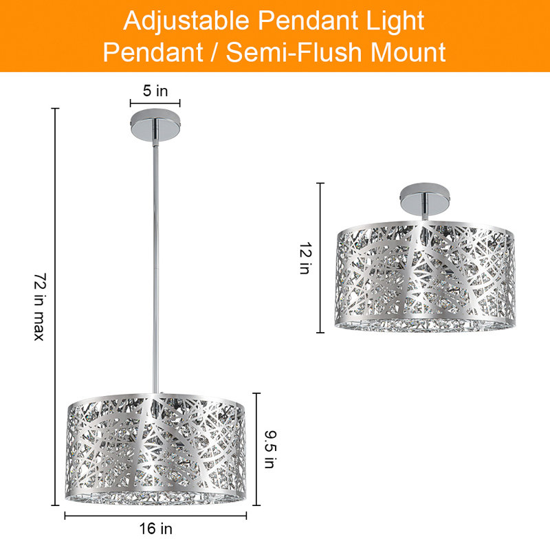 Luminaire suspendu tambour réglable avec cristal transparent, plafonnier en acier inoxydable pour la salle à manger