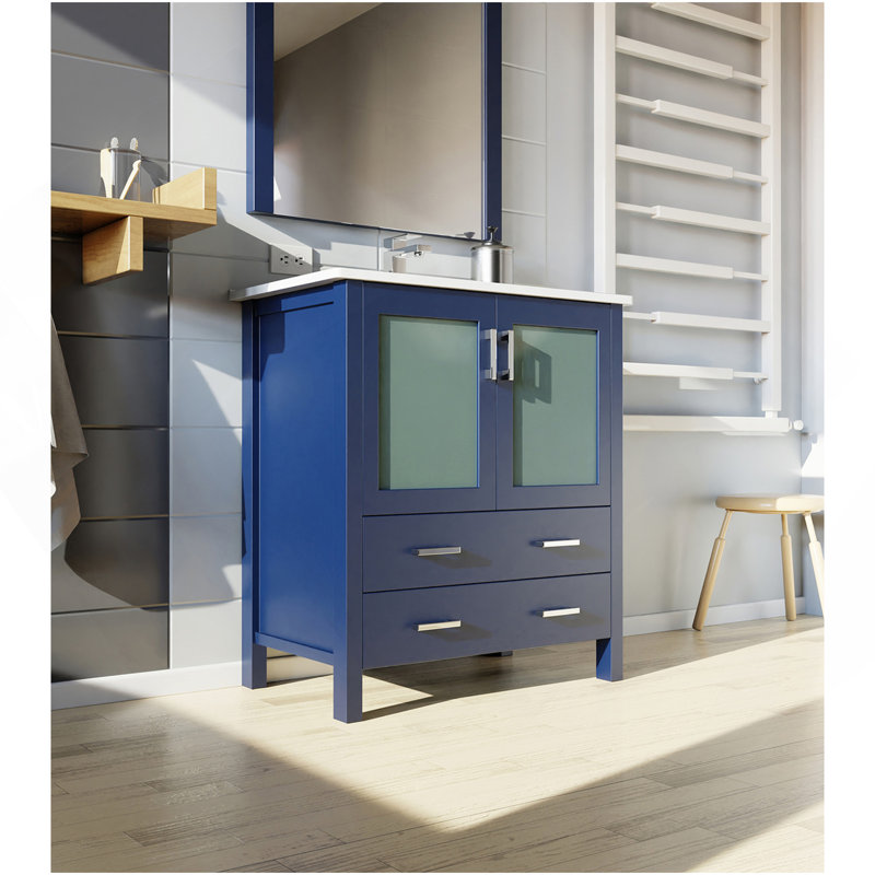 Meuble-lavabo bleu marine 30 po X P 18,25 po D, plateau en céramique blanche, ensemble de robinet et Miroir