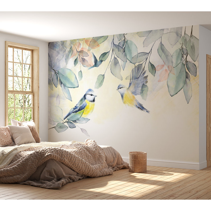 Papier peint animaux - Aquarelles oiseaux, L 78 po x L 55 po