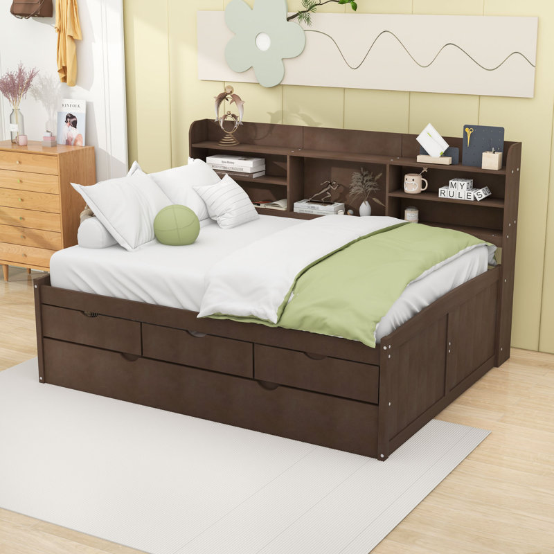 Lit de jour double avec tablettes, trois tiroirs et lit gigogne simple, Brun antique
