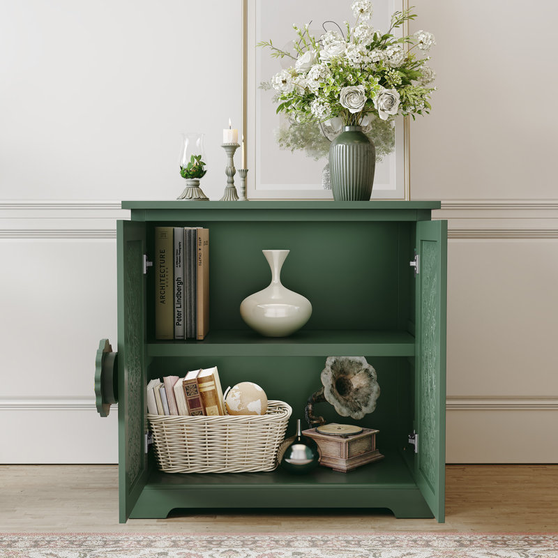 31.5''Vintage Sideboard with Hand-Gilded Embossed Doors with Adjustable Shelves, Green