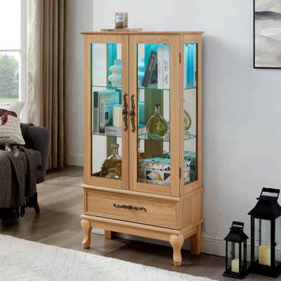 Vitrine lumineuse - Vitrine élégante en verre avec tablettes réglables, 2 portes et 1 tiroir - Buffet de rangement pour le vin avec ampoule incluse - Finition chêne clair