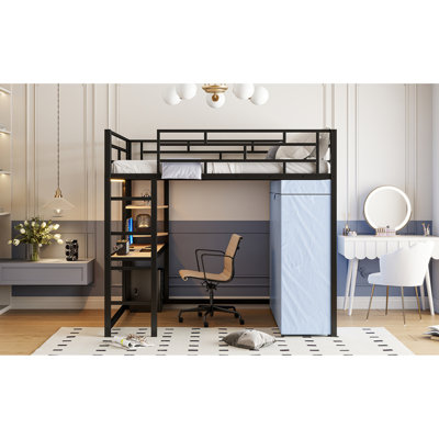Black Metal Full Size Loft Bed With Desk, Shelves, Power Outlet, Led And Wardrobe. Space Efficient For Your Home. Strong Structure. 77.4" Length X 56.5" Width 66.5" Height. Mattress Not Included.
