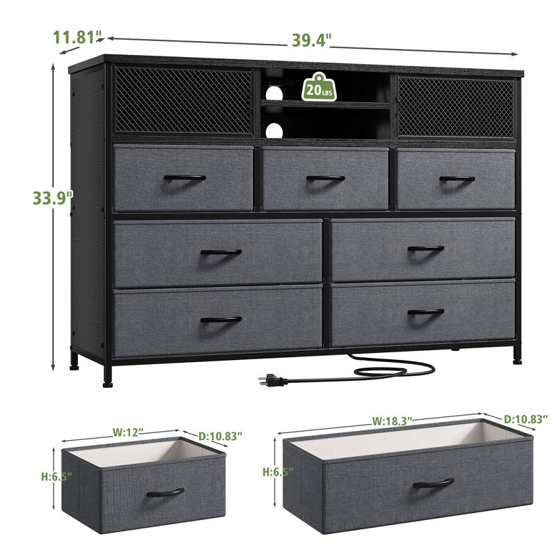7 Drawers Dresser For Bedroom With Metal Mesh Door, Wide Dresser Tv Stand With Power Outlets, Gray