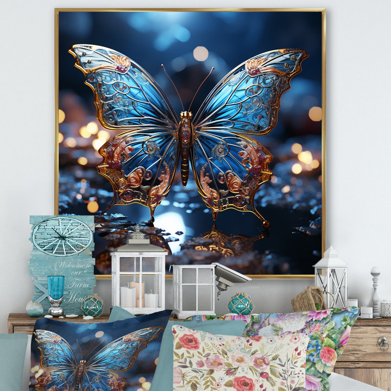 «Butterfly Watery Blues» sur toile, Cadre flottant doré, H 16 po x l 16 po x P 1 po