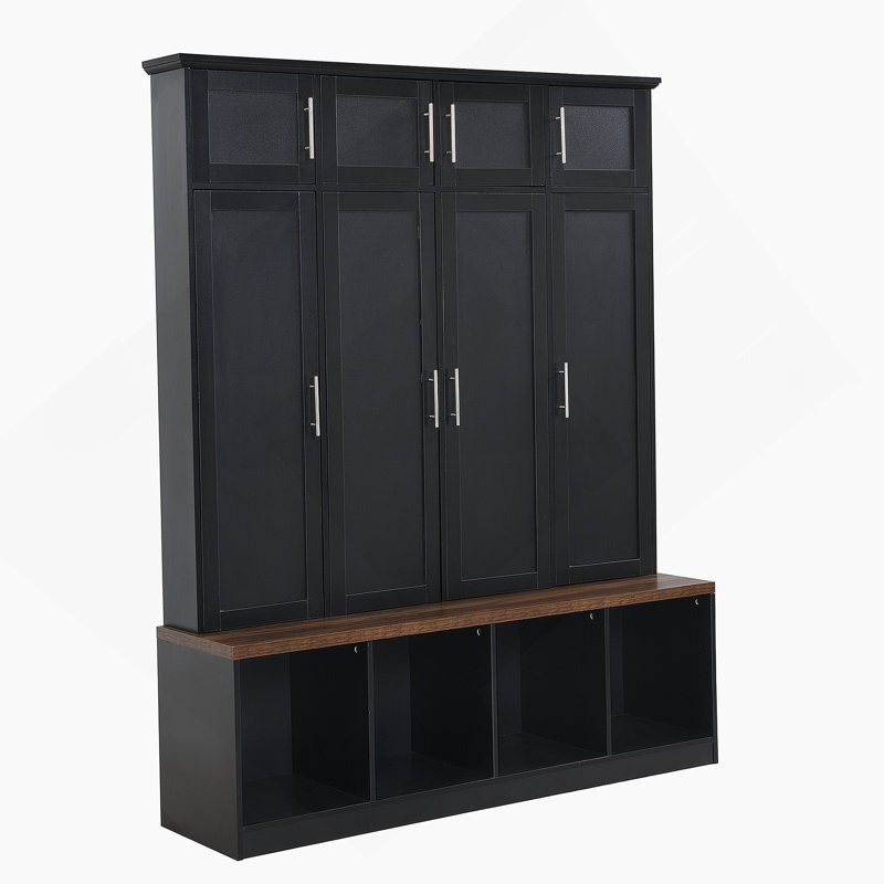 Versatile Hall Tree With 4 Hanging Hooks, Brown Wood Grain Bench With Multiple Storage Space, Entryway Cabinet With Open Compartments